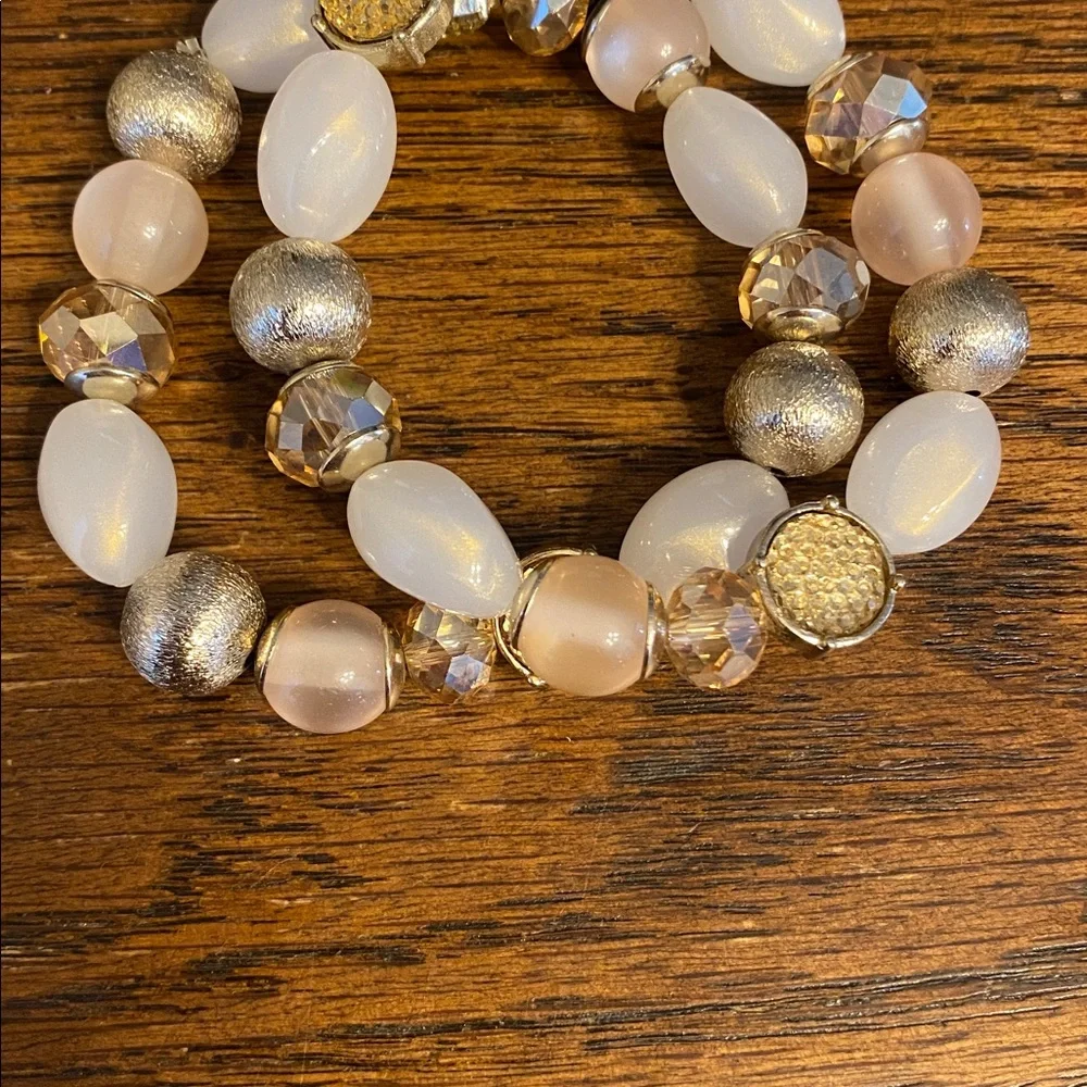 Ann Taylor Beaded Stretch Bracelet Stack Set Gold Cream Champagne NWT